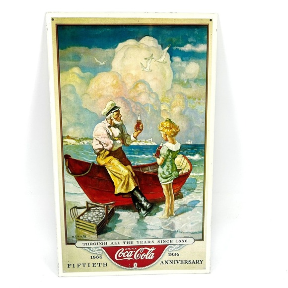 Vintage Coca-Cola 50th Anniversary Tin Sign N.C. Wyeth 1886-1936 Nautical Decor